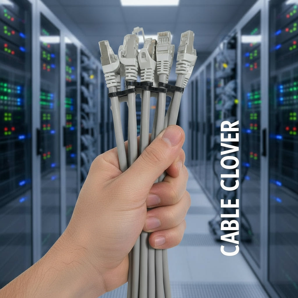 Hand holding Ethernet cables in a server room